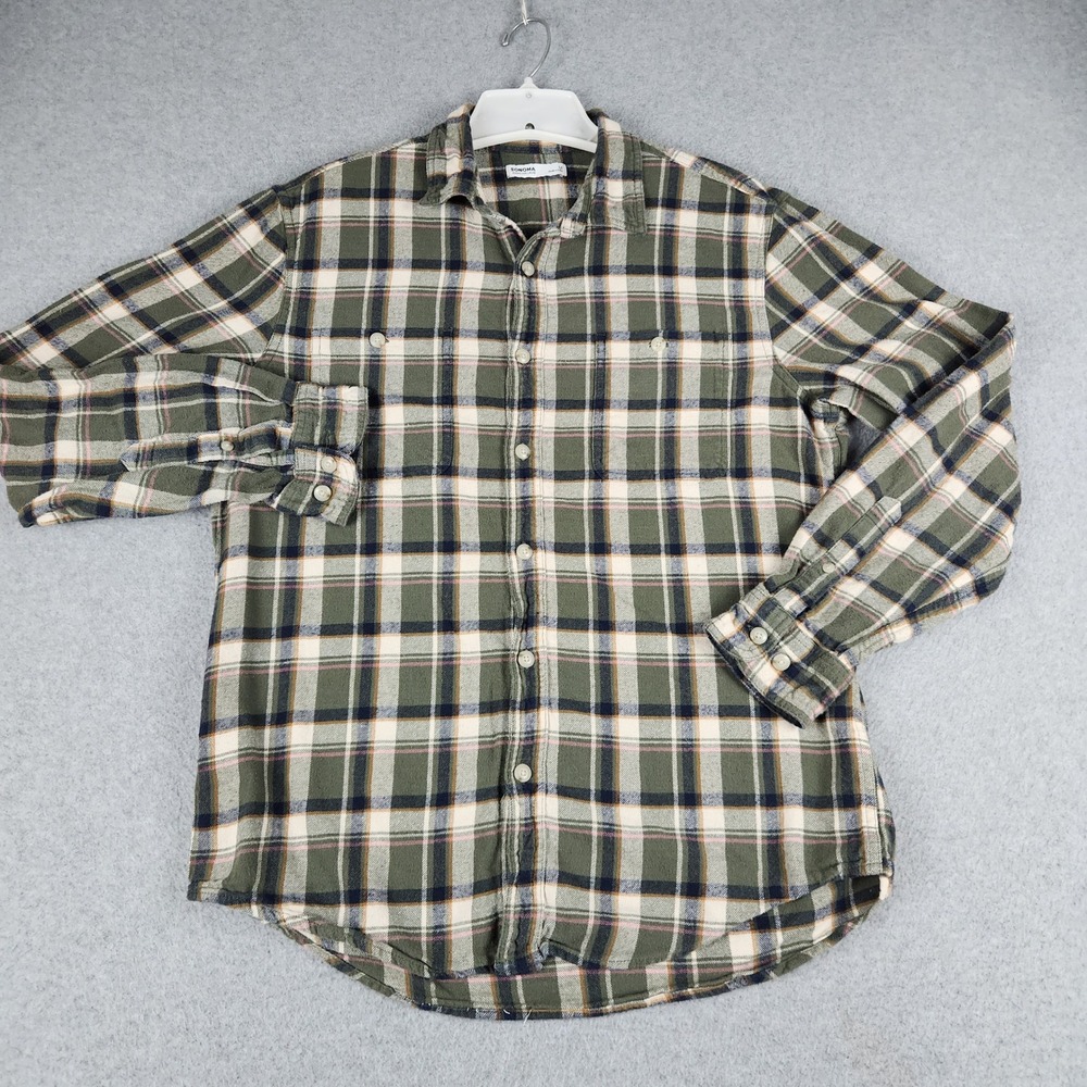 Sonoma Flannel Shirt Mens Medium Green Plaid Long Sleeve Classic Fit Button Up
